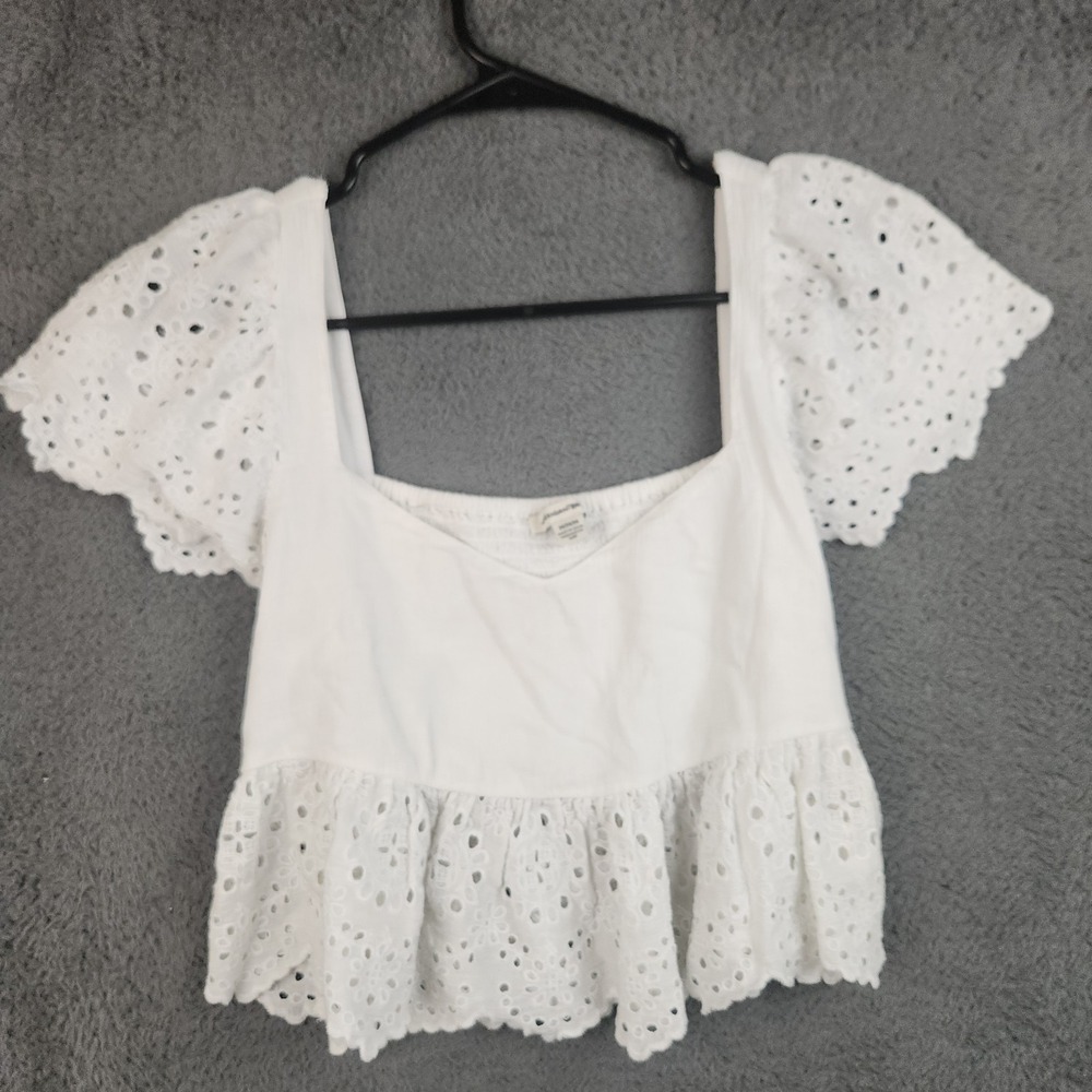 AE American Eagle White Eyelet Babydoll Crop Top Womens Medium Sweetheart Boho
